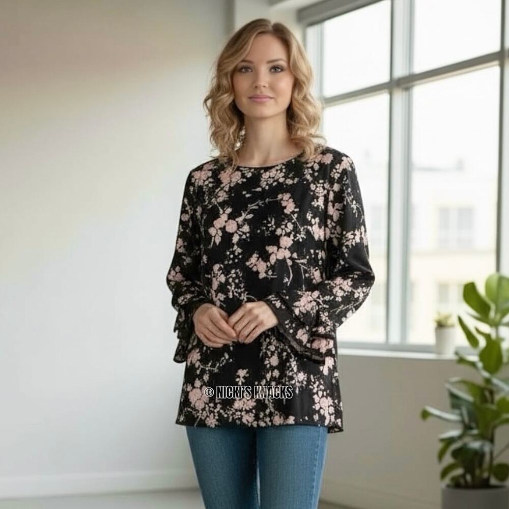 Karl Lagerfeld Floral Bell Sleeve Dressy Blouse Top Black & Pink Size L